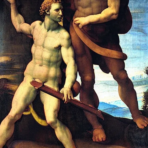 Image similar to high quality high detail painting michelangelo, david after killing giant goliath