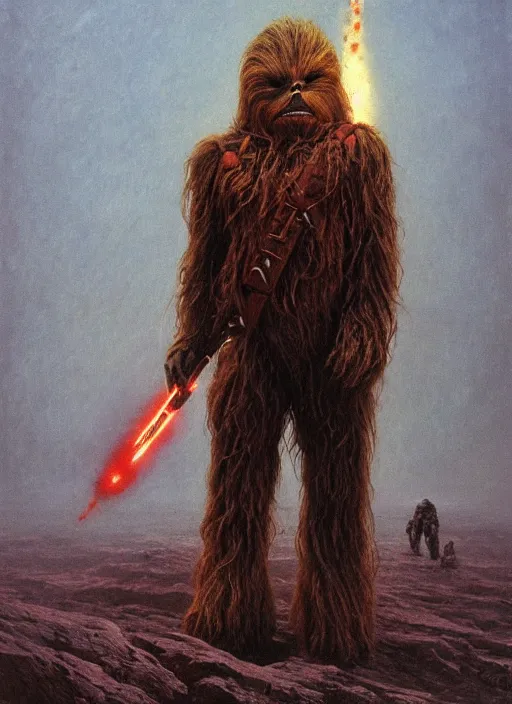 Image similar to chewbacca hyperdetailed hell armor, facing an asteroid meteor, fire, beksinski, trending on artstation