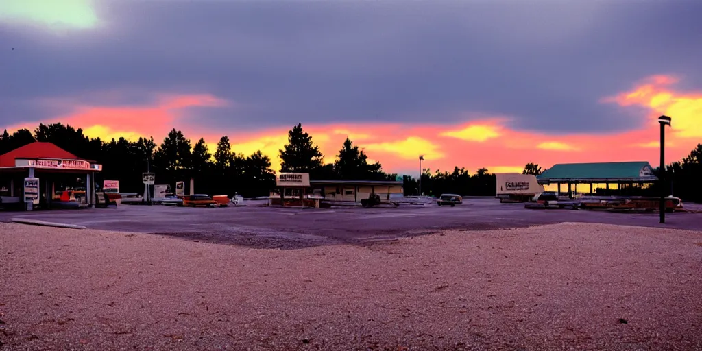 Image similar to a lonely port byron travel plaza in the middle of nowhere, sunset, eerie vibe, leica, 2 4 mm lens, cinematic screenshot from the 2 0 0 1 film directed by charlie kaufman, kodak color film stock, f / 2 2, 2 4 mm wide angle anamorphic