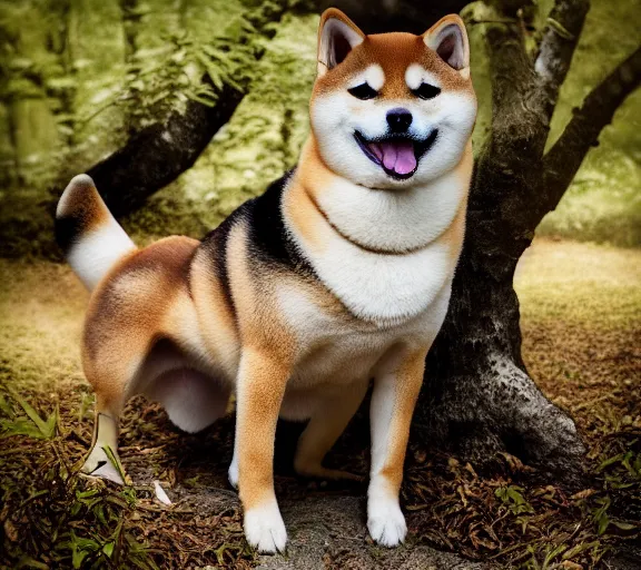 Image similar to a portrait of shiba inu with a mushroom cap growing on its head by luis royo. intricate. lifelike. soft light. sony a 7 r iv 5 5 mm. cinematic post - processing