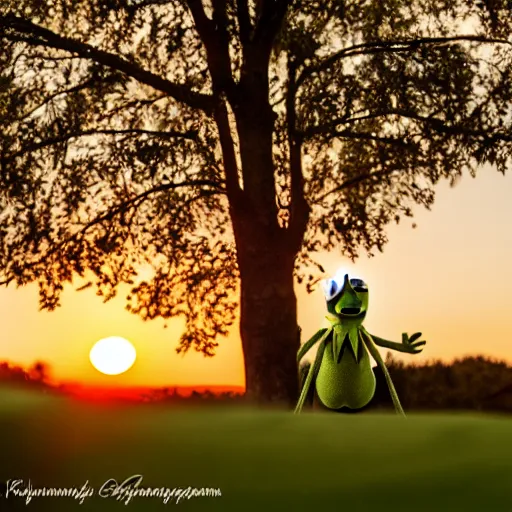 Image similar to Kermit the frog watching a nice sunset from his front porch , 8k , 4k , professional photography, award winning photo