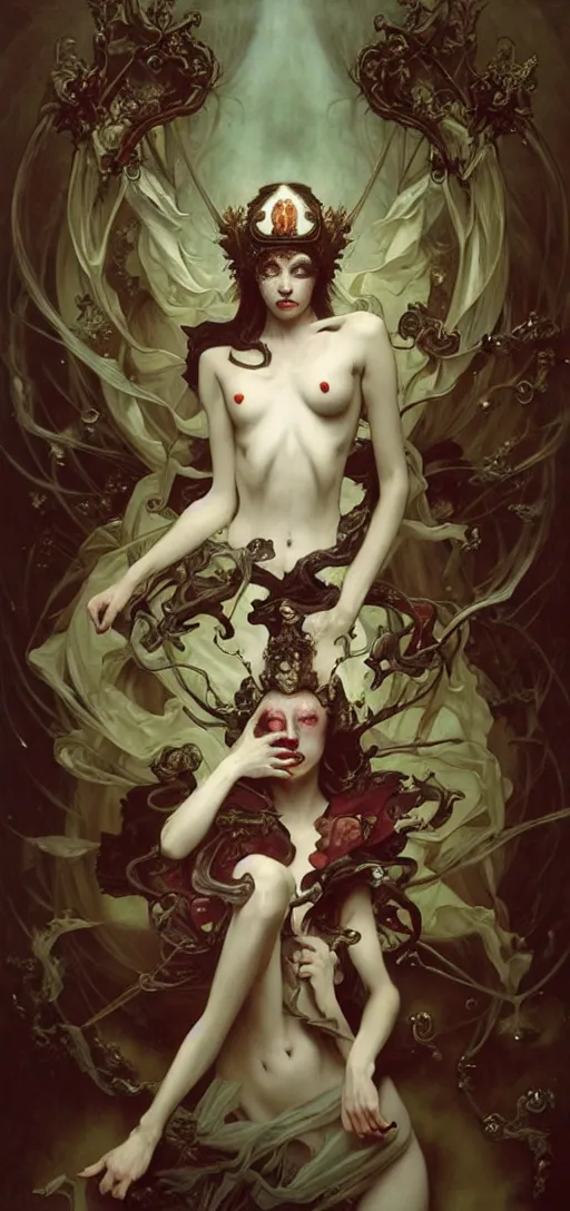 Image similar to baroque oil painting of full body vampire princess portrait, by nekro, peter mohrbacher, alphonse mucha, brian froud, yoshitaka amano, kim keever, victo ngai, james jean