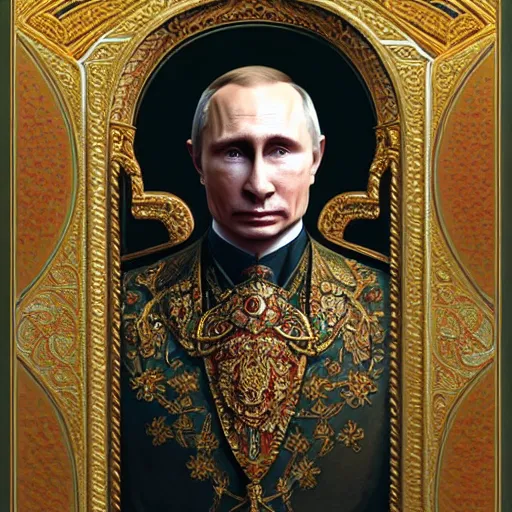 Image similar to a portrait of ( male ) putin, upper half portrait, decorated with russian motifs, traditional russia, intricate, elegant, highly detailed, symmetry, headpiece, digital painting, artstation concept art smooth sharp focus, illustration, art by artgerm and greg rutkowski alphonse mucha 8 k