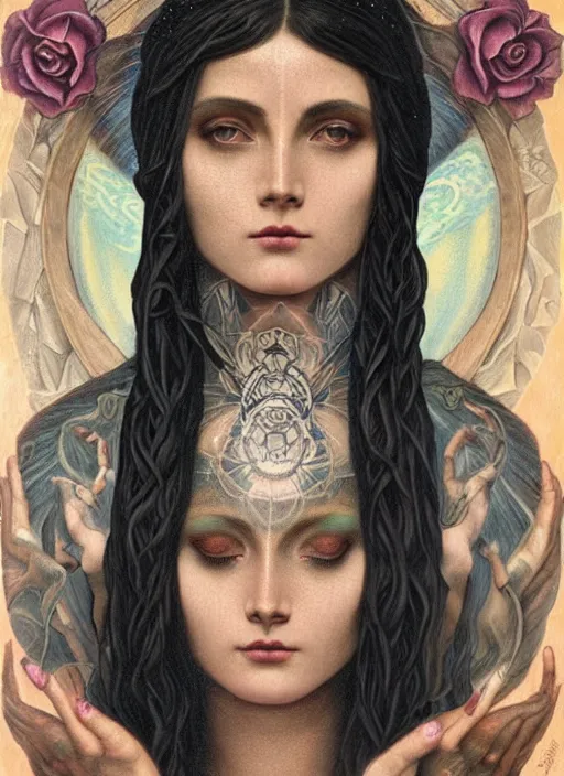 Image similar to beautiful enlightened cult magic psychic woman with tattoos, tattooed skin, oil painting, robe, symmetrical face, greek dark ritual myth, by john william godward and anna dittman, masterpiece