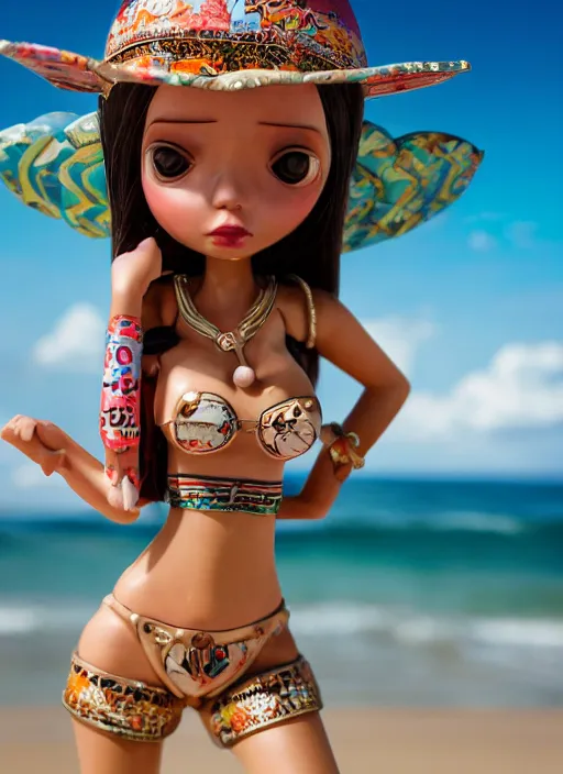 Image similar to closeup profile portrait of tin toy bikini girl surf sand, depth of field, zeiss lens, detailed, symmetrical, centered, fashion photoshoot, by nicoletta ceccoli, mark ryden, lostfish, breathtaking, 8 k resolution, extremely detailed, beautiful, establishing shot, artistic, hyperrealistic, octane render