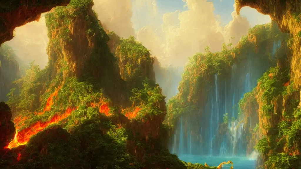 Image similar to very detailed and perfectly readable fine and soft relevant out of lines soft edges painting by beautiful walt disney animation films of the late 1 9 9 0 s and thomas cole in hd, we see a lava world, nice lighting, perfect readability