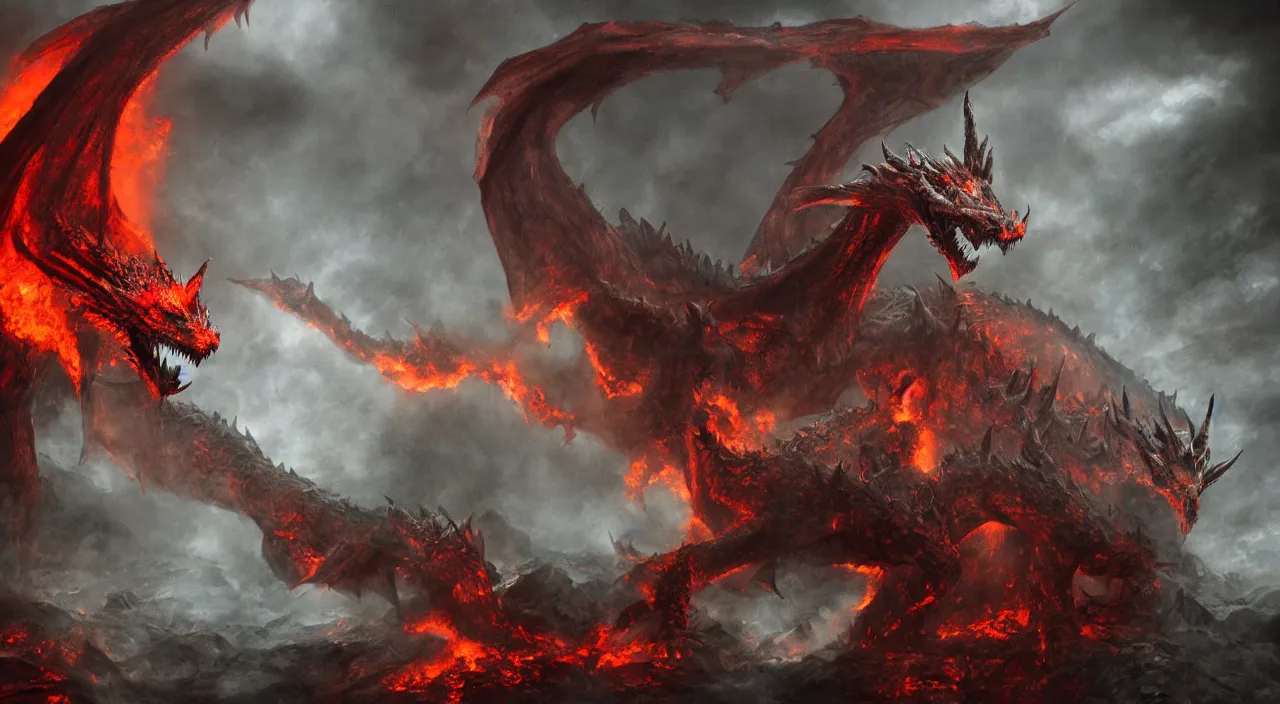 Prompt: from the depths of hell was he summoned, the great dragon beast rose from the fires with gleaming red eyes