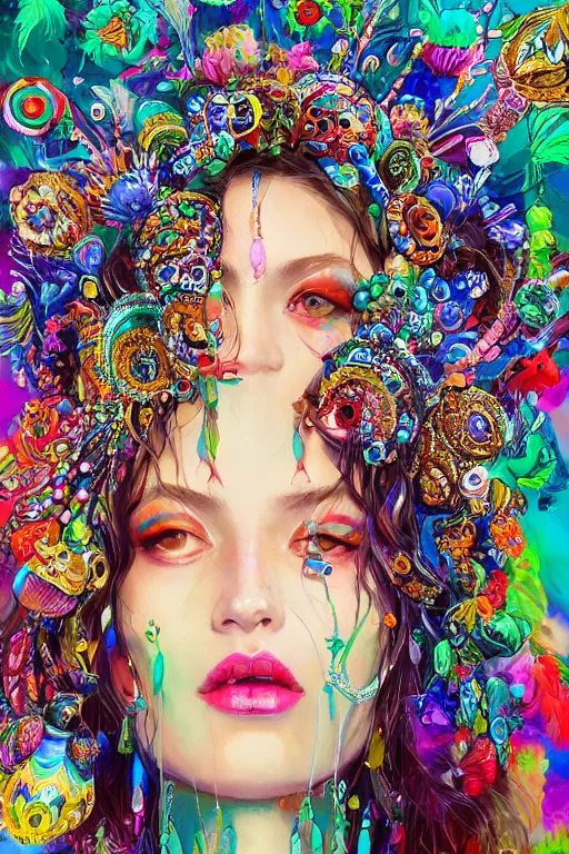 Image similar to a colorful psychedelic illustration of a fashion model wearing an alexander mcqueen beaded crown with beads hanging over her eyes, by magali villeneuve, artgerm, jeremy lipkin and michael garmash, rob rey and kentaro miura style, trending on art station