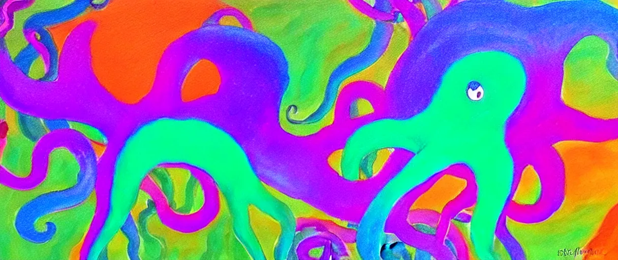 Prompt: paint of the dark dream of an octopus rainbow colored brain