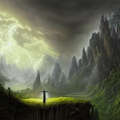 Image similar to a beautiful detailed realistic matte painting of a magical wizard looking towards a serene landscape with an eerie dark magic lightning portal to another dimension, by john howe and alexander skold and andreas rocha. vray, raytracing, detailed lighting, volumetric lighting, cinematic lighting, very wide shot, f 8