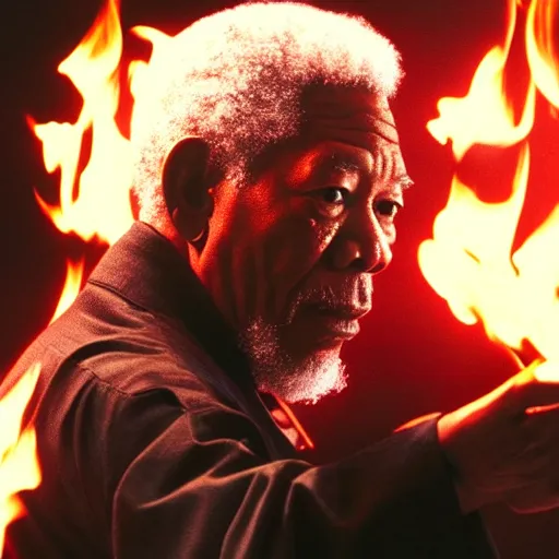 Image similar to cinematic film still of Morgan Freeman starring as a Samurai holding fire, Japanese CGI, VFX, 2022, 40mm lens, shallow depth of field, film photography