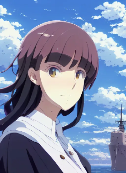 Prompt: portrait of professor maria, azur sky landscape, helm of second world war warship in background, illustration concept art anime key visual trending pixiv fanbox by wlop and greg rutkowski and makoto shinkai and studio ghibli and kyoto animation, symmetrical facial features, astral witch clothes, dieselpunk, gapmoe yandere grimdark, volumetric lighting, backlit