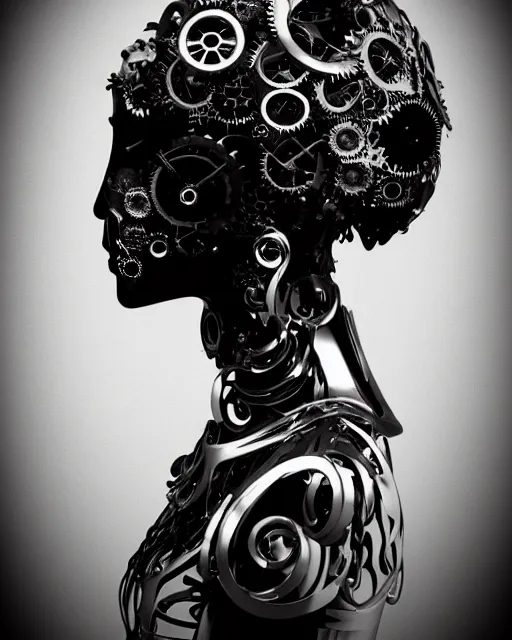 Image similar to black and white dreamy foggy smoky profile face portrait, one silver steampunk realistic eye biomechanical beautiful young female cyclope - cyborg - robot bust, body ribs meshes,, volumetric light, hibiscus flowers, by hg giger, rim light, by dora maar and cecile beaton, big gothic fashion pearl embroidered collar, 8 k