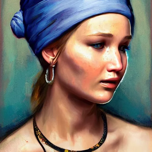 Prompt: portrait of Jennifer Lawrence in the style of Girl with a Pearl Earring by Johannes Vemeer, oil painting, masterpiece, old master, grand master, symmetrical facial features, intricate, elegant, digital painting, concept art, smooth, sharp focus, illustration