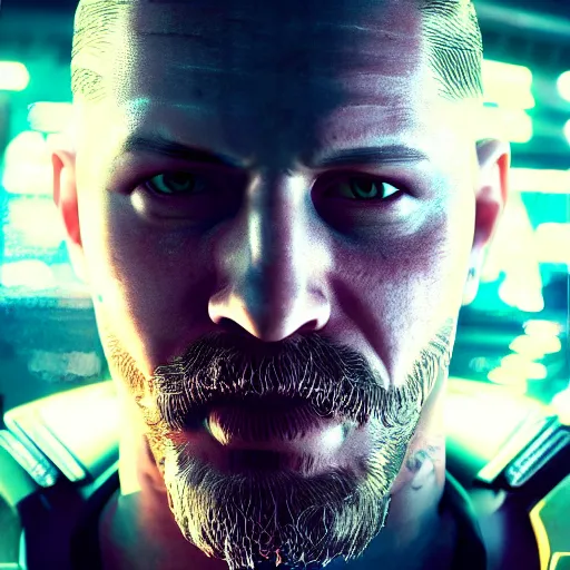 Prompt: tom hardy portrait, cyberpunk 2 0 7 7, cyberpunk, photorealistic, ultra detailed, neon, octane, bokeh, cinematic lighting, cyber, cyberpunk city, studio quality, feature, scars, cyberface, 8 k