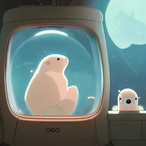 Image similar to baby harp seals as astronaut in a space ship, year 2 3 0 0, atey ghailan, goro fujita, studio ghibli, rim light, sharp lighting, clear focus, very coherent,