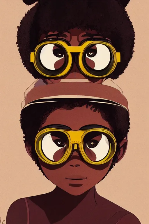 Prompt: face of a beautiful girl wearing goggles, brown skin, symmetrical, ilya kuvshinov, jamie hewlett, yoji shinkawa, muted colors, portrait, beautiful detailed illustration, 17th century oil painting, flat colors, studio ghibli, cel shading, loish, pop art,