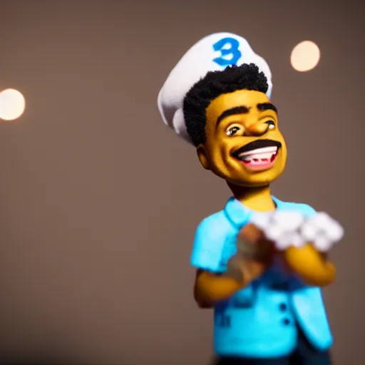 Image similar to a cinematic film still of a claymation stop motion film starring chance the rapper as a college student, shallow depth of field, 8 0 mm, f 1. 8