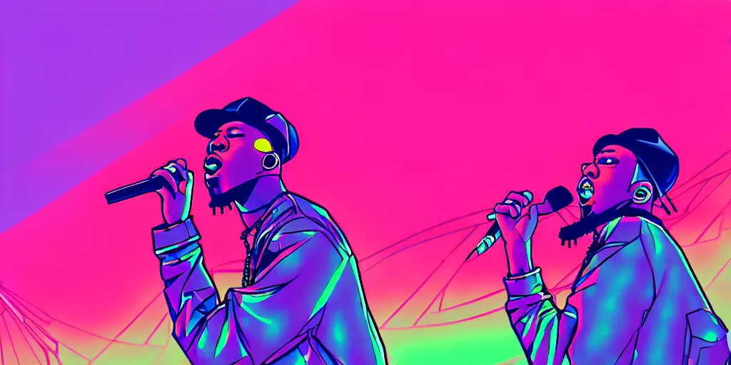 Image similar to rapper performing at huge festival holding microphone, epic angle, digital art, vaporwave, psychedelic, surreal, hip hop, trending on Artstation, professional artist, detailed, 4k