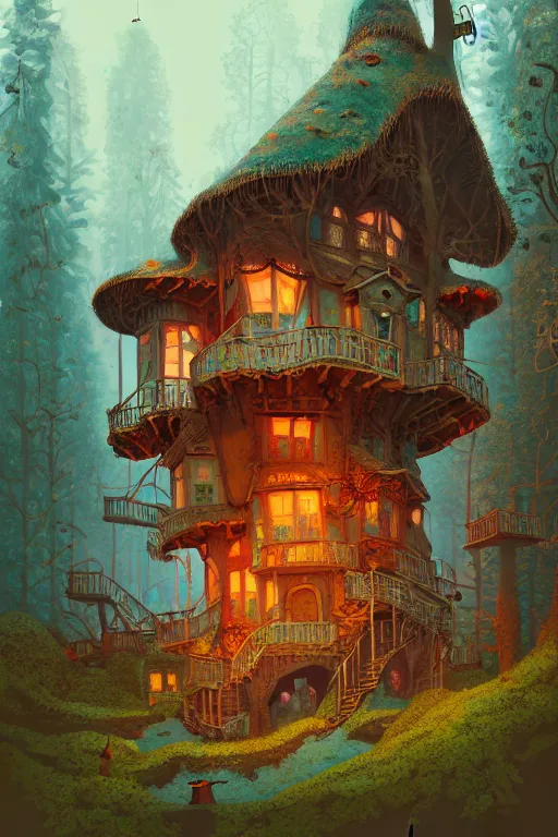 Prompt: a shot from a wes anderson movie of a storybook style ramshackle multistory fairytale hut in the forest, intricate, elegant, fantasy, highly detailed, digital painting, concept art, sharp focus, artstation