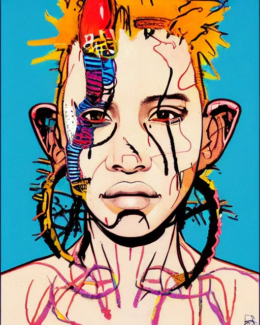 Prompt: a cyberpunk portrait of a cow girl by jean - michel basquiat, by hayao miyazaki by artgerm, highly detailed, sacred geometry, mathematics, snake, geometry, cyberpunk, vibrant, water