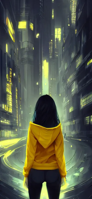 Image similar to a vtuber model concept art of a beautiful girl in a black and yellow hoodie holding an iphone, blue eyes, long hair, full body art, futuristic city background, artstation, digital art, commission art, style by jordan grimmer and greg rutkowski, 4 k resolution