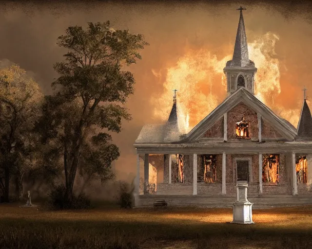 Image similar to Burning white old church, 19th century southern gothic scene, typical louisiana background, digital art, highly detailed, intricate, sharp focus, Trending on Artstation HQ, deviantart, 4K UHD image