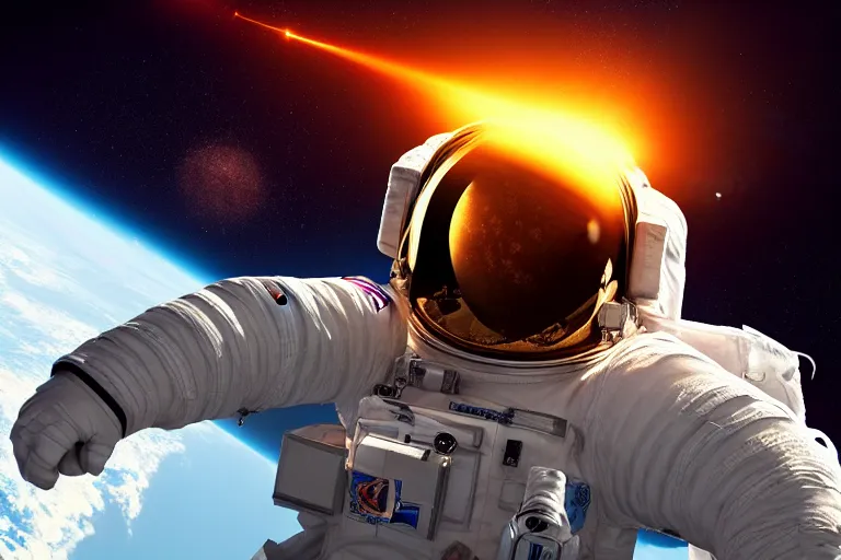 Image similar to astronaut in space wearing a spacesuit floating, meteor hitting earth in background, highly detailed, photorealistic portrait, bright studio setting, studio lighting, crisp quality and light reflections, unreal engine 5 quality render