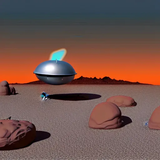 Image similar to crashed burning UFO flying saucer with a sad Roswell grey alien trying to repair his crashed burning spacecraft in the desert, crashed UFO, crashed Flying Saucer, cactus and rocks in the background, dusk, featured on zbrush central, hurufiyya, zbrush, polycount, airbrush art