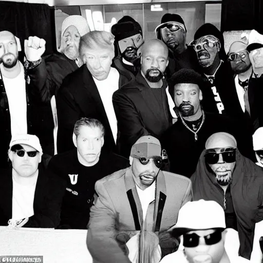 Image similar to Donald trump is inducted as the 10th member of the wu tang clan rap group, he takes a photo with RZA, GZA, old dirty bastard, inspectah deck, U-God, Ghostface killah and the method man