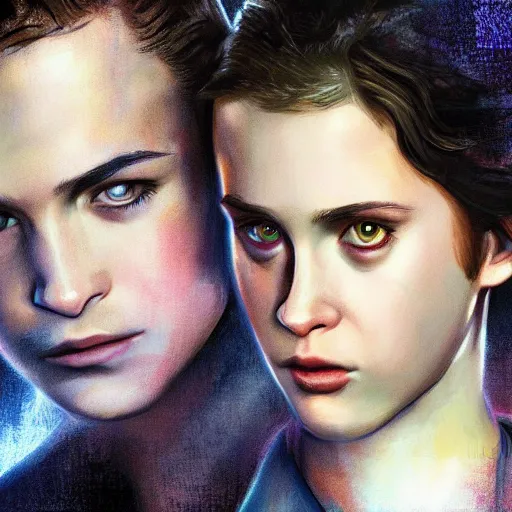 Image similar to Twilight version of Stranger Things, Portrait of Edward and Bella, photorealistic, dramatic lighting, soft, sharp focus, highly detailed, digital painting