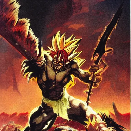 Prompt: Savage battlescarred Saiyan warrior girl, cavewoman, wild spiky black electrified hair, pelt, torn clothing, savage cloak, scars of battle, bloody, electrical aura, scimitar, primeval fantasy, prehistoric fantasy, orcs, goblins attacking, 1980s pulp fantasy, art by Frank Frazetta and Boris Vallejo