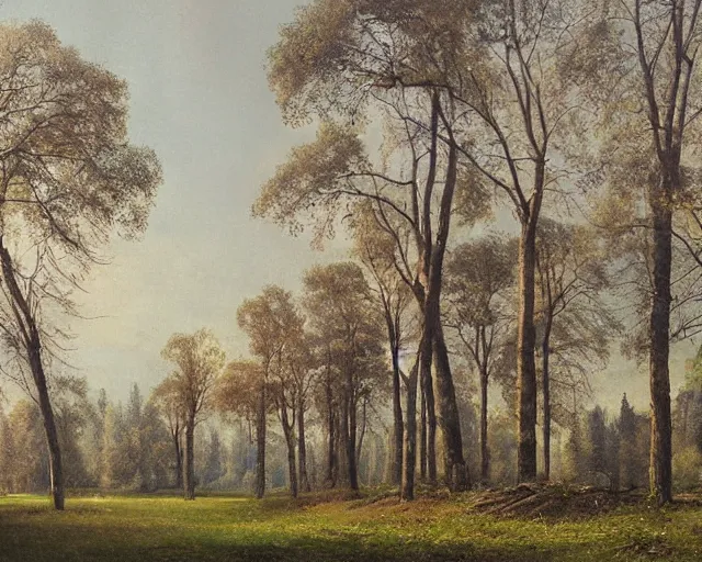 Image similar to beautiful matte painting of cute soviet block of flats hrushevka in end of forest by ivan shishkin,