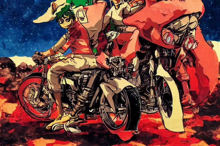 Image similar to pizza the hut, akira's motorcycle, gorillaz, poster, high quality