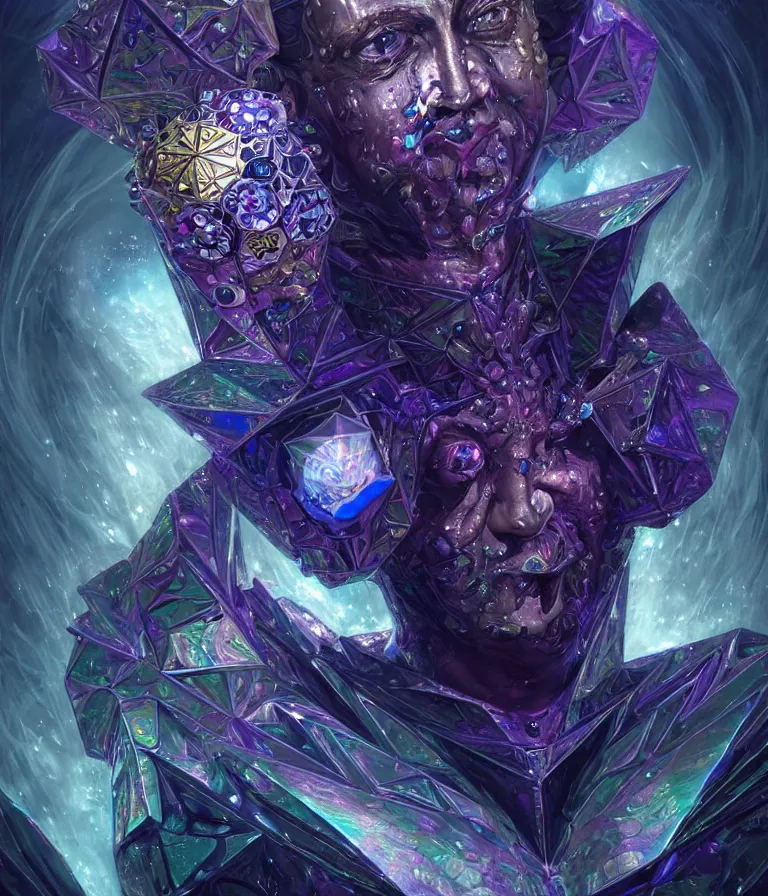 Image similar to front!!! shot of a court jester!!! character, mesmerizing fractal hypercubes, bismuth, dark holography!!!, future, metallic galactic, crystalline edges, polygonal, elegant, highly detailed, centered, (((artstation, concept art, jagged, sharp focus, artgerm, Tomasz Alen Kopera, Peter Mohrbacher, donato giancola, Joseph Christian Leyendecker, WLOP, Boris Vallejo))), ((raytracing)), mugshot!!!!!, ugly!!!!!!, octane render, nvidia raytracing demo, octane render, nvidia raytracing demo, octane render, nvidia raytracing demo, 8K