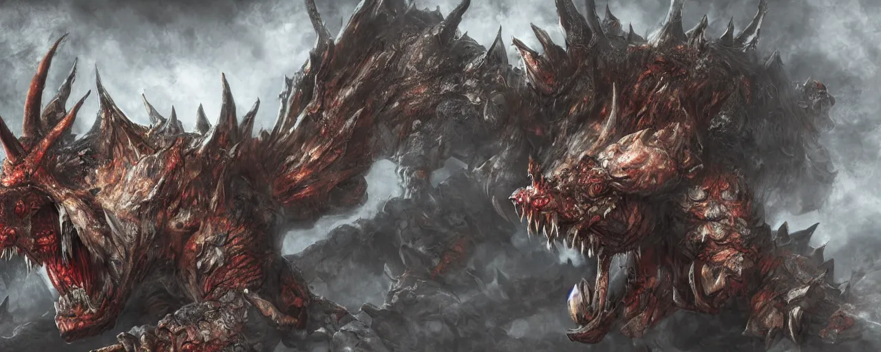 Image similar to concept art of bowser with huge horns and scales and talons, resident evil, horror, occult, terror, mist, volumetric render, digital painting, detailed painting