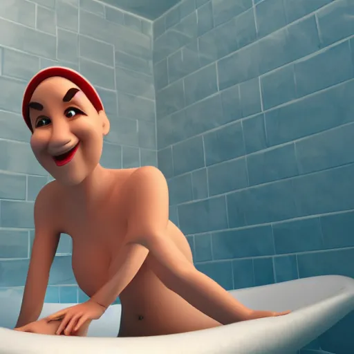 Prompt: 3 d render of an mischevious woman wearing a towel surfing in her bathtub in pixar style