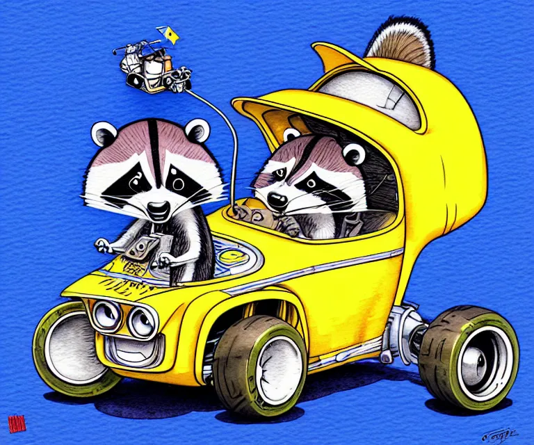 Prompt: cute and funny, racoon wearing a helmet riding in a tiny hot rod with oversized engine, ratfink style by ed roth, centered award winning watercolor pen illustration, isometric illustration by chihiro iwasaki, edited by range murata, details by artgerm