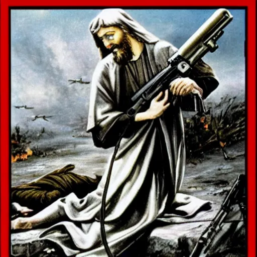 Image similar to jesus with m 1 6 rifle gun killing demons