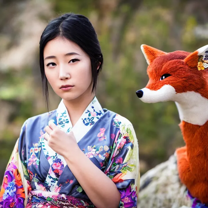 Prompt: portrait photograph of an extremely beautiful!!!! young Asian female , symmetric face!, symmetric round detailed eyes!!, slight smile, natural light, wearing a flower kimono!! with a very detailed fox!! behind her shoulder in front of a hot spring. looking at the camera!!. super resolution. Extremely detailed. Graflex camera!, bokeh!!!!! trending on artstation.