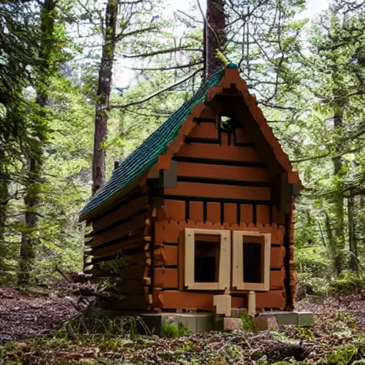 Image similar to a Eerie cabin in the middle of the woods made out of lego