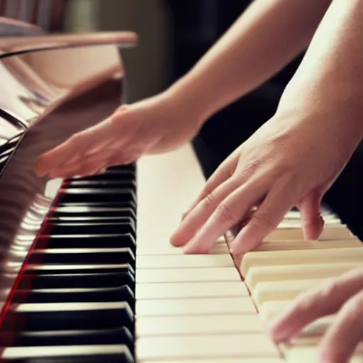 Prompt: four hands playing a piano