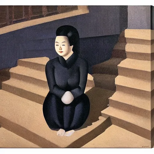 Prompt: an asian woman sitting on stairs, dark background, oil painting in style of Jean Metzinger