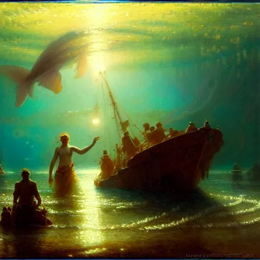 Image similar to you are at the bottom of the ocean looking up, see fishes swimming, the milk way, night time, midnight. highly detailed painting by gaston bussiere, greg rutkowski 8 k