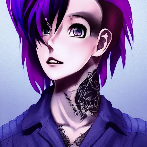 Image similar to full headshot portrait of anime woman with purple pixie cut mohawk punk, digital art, drawn by WLOP, by Avetetsuya Studios, anime manga panel, trending on artstation, wearing a plaid shirt