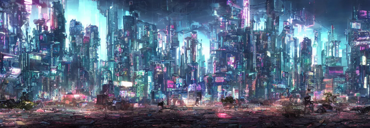 Prompt: photo of a cyberpunk landscape with many big chungus the size of a building