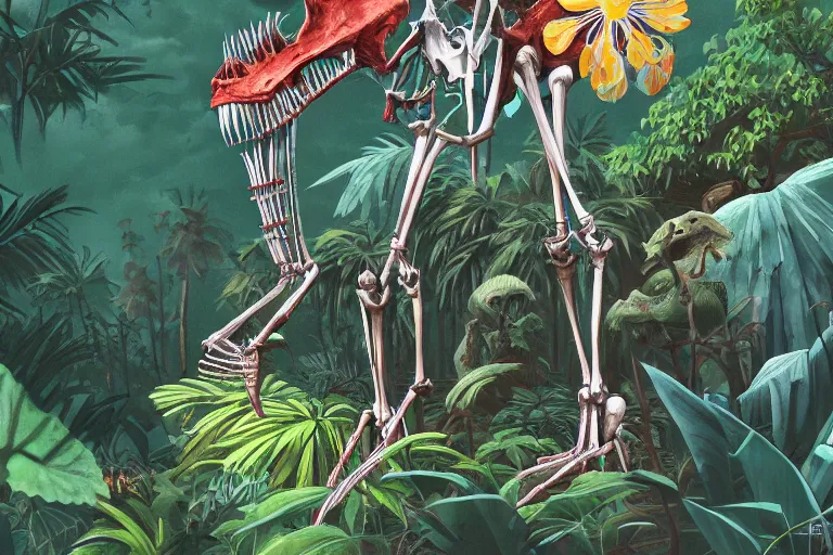 Image similar to 2 d gouache illustration, a lot of exotic vegetation, trees, tremendous skeletal robotic ancient dinosaur, flowers, oldschool vintage sci - fi flat surreal design, super - detailed, painting by satoshi kon, hd, 4 k, high quality