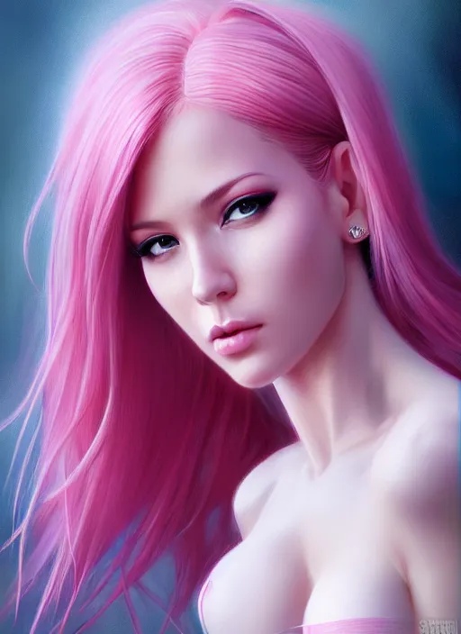 Image similar to photo of a gorgeous young woman with pink hair, in the style of stefan kostic, realistic, sharp focus, 8k high definition, insanely detailed, intricate, elegant, art by stanley lau and artgerm