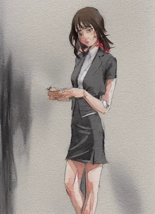 Image similar to concept art of a modern office life, young attractive business woman, pencil miniskirt, pinterest, artstation trending, behance, watercolor, by coby whitmore, silver, laser light,