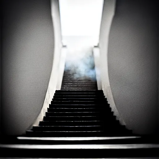 Image similar to black and white surreal photograph, highly detailed vast space made of stairsteps, sideview, detailed textures, natural light, mist, architecture photography, film grain, soft vignette, sigma 1 4 mm f / 1. 4 1 / 1 0 sec shutter, imax 7 0 mm footage